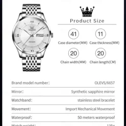 OLEVS 6657 Men's Luxury Brand Automatic Watch Business Calendar 50m Waterproof Mechanical Watch Gold Sapphire Mirror Men's Watch