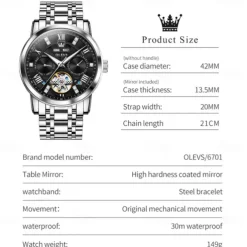 OLEVS 6701 Original Men's Automatic Mechanical Watch Top Brand Calendar Stainless Steel Waterproof Men's Watch