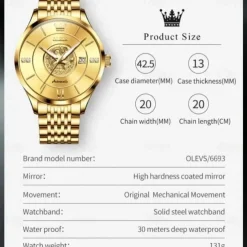 OLEVS Luxury Brand Automatic Men's Watches Golden Dragon Stainless steel Wristwatch Classics Waterproof Mechanical Watch 6693