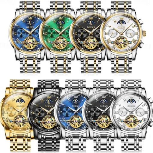 OLEVS Men Mechanical Watch Fashion Business Wristwatch Automatic Self-winding Moon phase Luminous Waterproof Steel Watch