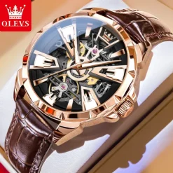 OLEVS Men Mechanical Watch Creative Outdoor Sports Fashion Hollow Skeleton Automatic Self-winding Luminous Waterproof Leather Watch