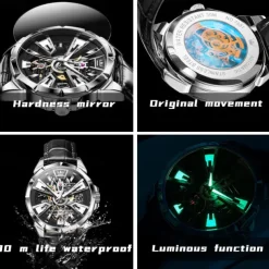 OLEVS Men Mechanical Watch Creative Outdoor Sports Fashion Hollow Skeleton Automatic Self-winding Luminous Waterproof Leather Watch