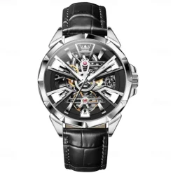 OLEVS Men Mechanical Watch Creative Outdoor Sports Fashion Hollow Skeleton Automatic Self-winding Luminous Waterproof Leather Watch