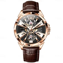 OLEVS Men Mechanical Watch Creative Outdoor Sports Fashion Hollow Skeleton Automatic Self-winding Luminous Waterproof Leather Watch