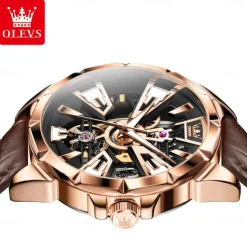 OLEVS Men Mechanical Watch Creative Outdoor Sports Fashion Hollow Skeleton Automatic Self-winding Luminous Waterproof Leather Watch
