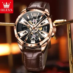 OLEVS Men Mechanical Watch Creative Outdoor Sports Fashion Hollow Skeleton Automatic Self-winding Luminous Waterproof Leather Watch