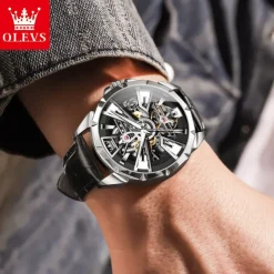 OLEVS Men Mechanical Watch Creative Outdoor Sports Fashion Hollow Skeleton Automatic Self-winding Luminous Waterproof Leather Watch