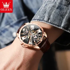 OLEVS Men Mechanical Watch Creative Outdoor Sports Fashion Hollow Skeleton Automatic Self-winding Luminous Waterproof Leather Watch