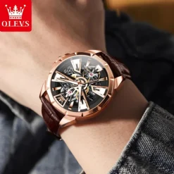 OLEVS Men Mechanical Watch Creative Outdoor Sports Fashion Hollow Skeleton Automatic Self-winding Luminous Waterproof Leather Watch
