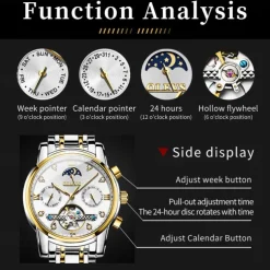 OLEVS Men Mechanical Watch Creative Outdoor Fashion Casual Automatic Self-winding Moon phase Luminous Calendar Steel Watch