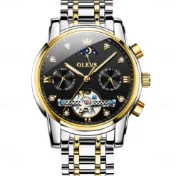 OLEVS Men Mechanical Watch Creative Outdoor Fashion Casual Automatic Self-winding Moon phase Luminous Calendar Steel Watch