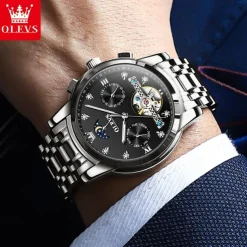 OLEVS Men Mechanical Watch Creative Outdoor Fashion Casual Automatic Self-winding Moon phase Luminous Calendar Steel Watch