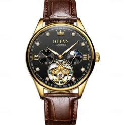 OLEVS Men Mechanical Watch Fashion Casual Wristwatch Automatic Self-winding Moon phase Luminous Waterproof Leather Watch