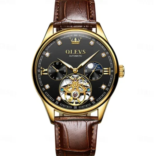 OLEVS Men Mechanical Watch Fashion Casual Wristwatch Automatic Self-winding Moon phase Luminous Waterproof Leather Watch
