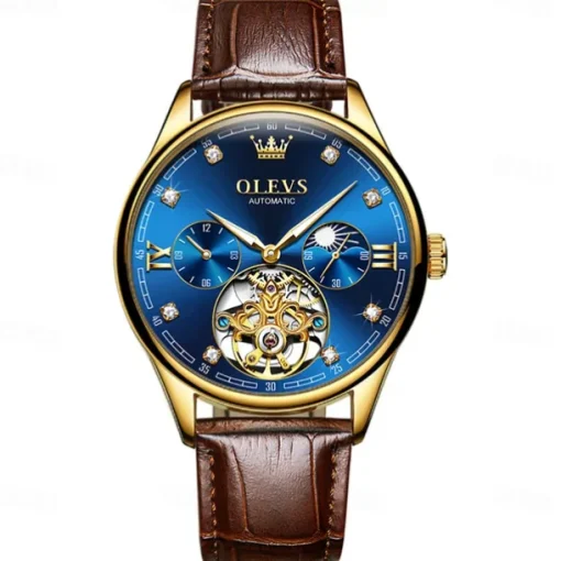 OLEVS Men Mechanical Watch Fashion Casual Wristwatch Automatic Self-winding Moon phase Luminous Waterproof Leather Watch