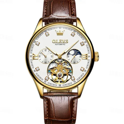OLEVS Men Mechanical Watch Fashion Casual Wristwatch Automatic Self-winding Moon phase Luminous Waterproof Leather Watch