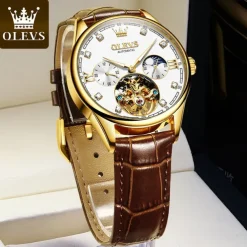 OLEVS Men Mechanical Watch Fashion Casual Wristwatch Automatic Self-winding Moon phase Luminous Waterproof Leather Watch
