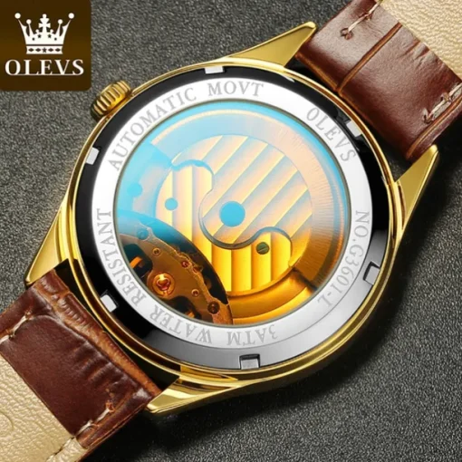 OLEVS Men Mechanical Watch Fashion Casual Wristwatch Automatic Self-winding Moon phase Luminous Waterproof Leather Watch