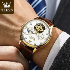 OLEVS Men Mechanical Watch Fashion Casual Wristwatch Automatic Self-winding Moon phase Luminous Waterproof Leather Watch
