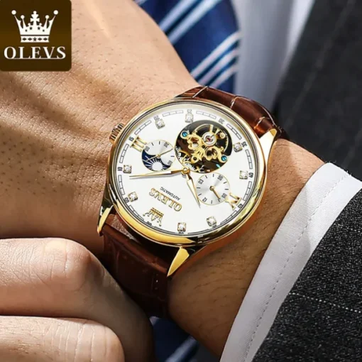 OLEVS Men Mechanical Watch Fashion Casual Wristwatch Automatic Self-winding Moon phase Luminous Waterproof Leather Watch