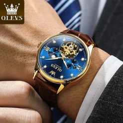 OLEVS Men Mechanical Watch Fashion Casual Wristwatch Automatic Self-winding Moon phase Luminous Waterproof Leather Watch