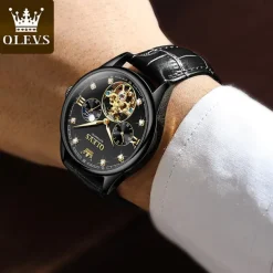 OLEVS Men Mechanical Watch Fashion Casual Wristwatch Automatic Self-winding Moon phase Luminous Waterproof Leather Watch