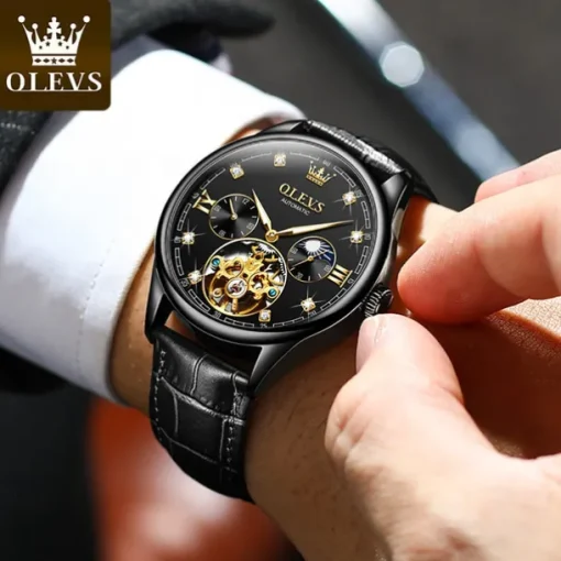 OLEVS Men Mechanical Watch Fashion Casual Wristwatch Automatic Self-winding Moon phase Luminous Waterproof Leather Watch
