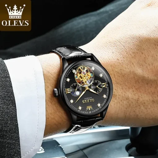OLEVS Men Mechanical Watch Fashion Casual Wristwatch Automatic Self-winding Moon phase Luminous Waterproof Leather Watch