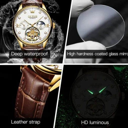 OLEVS Men Mechanical Watch Fashion Casual Wristwatch Automatic Self-winding Moon phase Luminous Waterproof Leather Watch