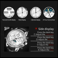 OLEVS Men Mechanical Watch Fashion Business Wristwatch Automatic Self-winding Moon phase Luminous Perpetual Calendar Steel Leather Watch