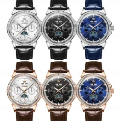 OLEVS Men Mechanical Watch Fashion Business Wristwatch Automatic Self-winding Moon phase Luminous Perpetual Calendar Steel Leather Watch