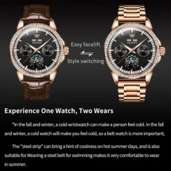OLEVS Men Mechanical Watch Fashion Business Wristwatch Automatic Self-winding Moon phase Luminous Perpetual Calendar Steel Leather Watch