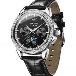 OLEVS Men Mechanical Watch Fashion Business Wristwatch Automatic Self-winding Moon phase Luminous Perpetual Calendar Steel Leather Watch