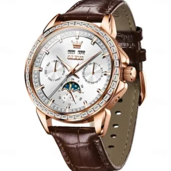 OLEVS Men Mechanical Watch Fashion Business Wristwatch Automatic Self-winding Moon phase Luminous Perpetual Calendar Steel Leather Watch