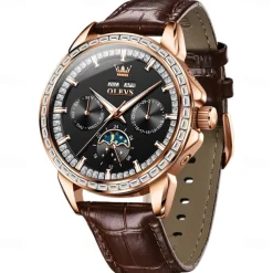 OLEVS Men Mechanical Watch Fashion Business Wristwatch Automatic Self-winding Moon phase Luminous Perpetual Calendar Steel Leather Watch