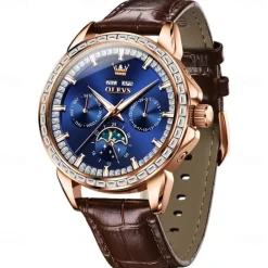 OLEVS Men Mechanical Watch Fashion Business Wristwatch Automatic Self-winding Moon phase Luminous Perpetual Calendar Steel Leather Watch