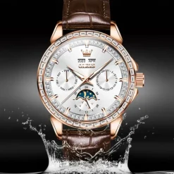 OLEVS Men Mechanical Watch Fashion Business Wristwatch Automatic Self-winding Moon phase Luminous Perpetual Calendar Steel Leather Watch