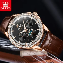 OLEVS Men Mechanical Watch Fashion Business Wristwatch Automatic Self-winding Moon phase Luminous Perpetual Calendar Steel Leather Watch