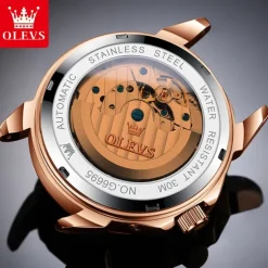 OLEVS Men Mechanical Watch Fashion Business Wristwatch Automatic Self-winding Moon phase Luminous Perpetual Calendar Steel Leather Watch