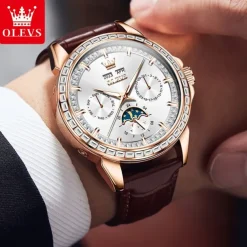 OLEVS Men Mechanical Watch Fashion Business Wristwatch Automatic Self-winding Moon phase Luminous Perpetual Calendar Steel Leather Watch