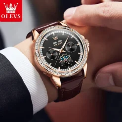 OLEVS Men Mechanical Watch Fashion Business Wristwatch Automatic Self-winding Moon phase Luminous Perpetual Calendar Steel Leather Watch