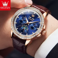 OLEVS Men Mechanical Watch Fashion Business Wristwatch Automatic Self-winding Moon phase Luminous Perpetual Calendar Steel Leather Watch