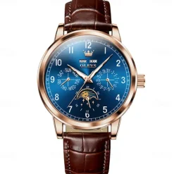 OLEVS Men Mechanical Watch Fashion Business Wristwatch Automatic Self-winding Moon phase Luminous Perpetual Calendar Leather Watch