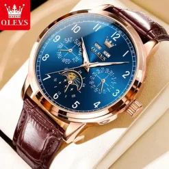 OLEVS Men Mechanical Watch Fashion Business Wristwatch Automatic Self-winding Moon phase Luminous Perpetual Calendar Leather Watch