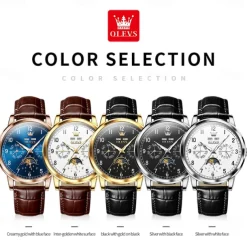 OLEVS Men Mechanical Watch Fashion Business Wristwatch Automatic Self-winding Moon phase Luminous Perpetual Calendar Leather Watch