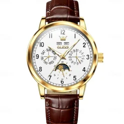 OLEVS Men Mechanical Watch Fashion Business Wristwatch Automatic Self-winding Moon phase Luminous Perpetual Calendar Leather Watch
