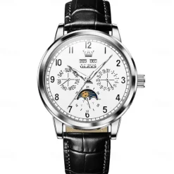 OLEVS Men Mechanical Watch Fashion Business Wristwatch Automatic Self-winding Moon phase Luminous Perpetual Calendar Leather Watch