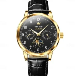 OLEVS Men Mechanical Watch Fashion Business Wristwatch Automatic Self-winding Moon phase Luminous Perpetual Calendar Leather Watch