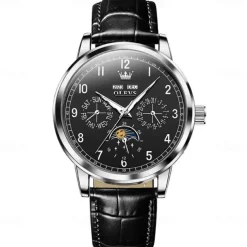 OLEVS Men Mechanical Watch Fashion Business Wristwatch Automatic Self-winding Moon phase Luminous Perpetual Calendar Leather Watch