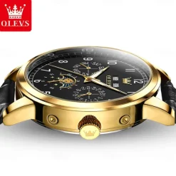 OLEVS Men Mechanical Watch Fashion Business Wristwatch Automatic Self-winding Moon phase Luminous Perpetual Calendar Leather Watch